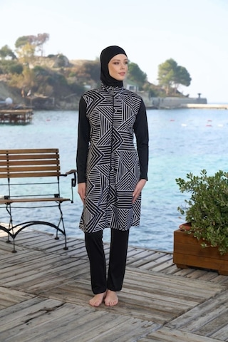 Estiva 25946 Siyah Fermuarlı Geometrik Desenli Tam Boy Tesettür Mayo Siyah