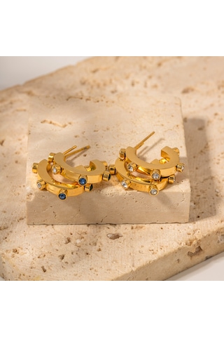 Ins İnternet Ünlü Abartılı Tasarım 18k Altın Paslanmaz Çelik Renkli Elmaslarla Kakmalı C Şeklinde Küpeler Popüler Titanyum Çelik Küpeler Diğer