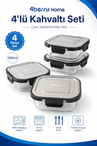 İnoks Kapaklı 4 Lü Cam Saklama Kabı Seti Kahvaltılık & Çok Amaçlı 520 Ml Şeffaf