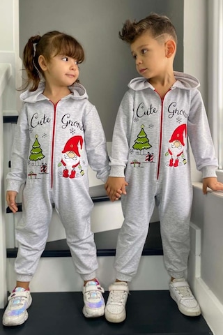 Riccotarz Kız Erkek Bebek Üzerinde Noel Baba Ve Ağaç Önü Fermuarlı Kapüşonlu Gri Tulum Gri