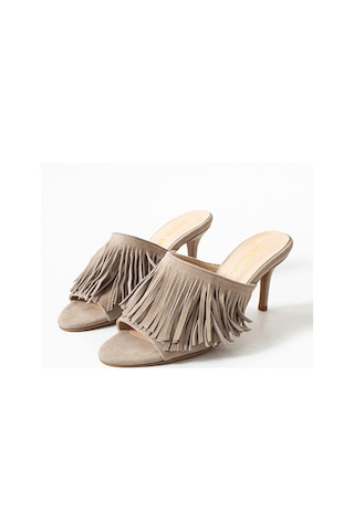 Dericia Shoes Glint Hakiki Deri Süet Kadın İnce Topuklu Yazlık Terlik Bej