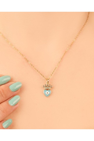 Kadın Kararmaz Çelik Takı Nazar Boncuklu Kalp Zirkon Taç Kolye Altın