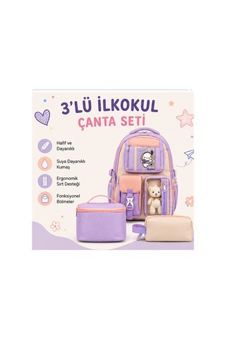 Peluş Oyuncak Detaylı 3'lü İlkokul Çanta Seti - Çok Bölmeli Su İtici Okula Dönüş İlkokul Mor