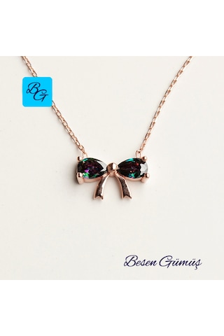 Mistik Topaz Taşlı Fiyonk Kolye Rose - Gold - Gümüş