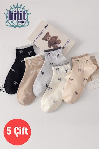 Hitit Socks Kadın 5 Çift Premium Kalite Mini Kurdale Desenli Sevimli Kısa Kolej Ayak Bileği Çorabı Çok Renkli