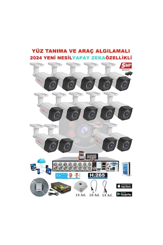 14 Kameralı Yapay Zeka Özellikli Yüz Tanıma ve Araç Algılamalı 5 Mp Kuruluma Hazır Kamera Seti