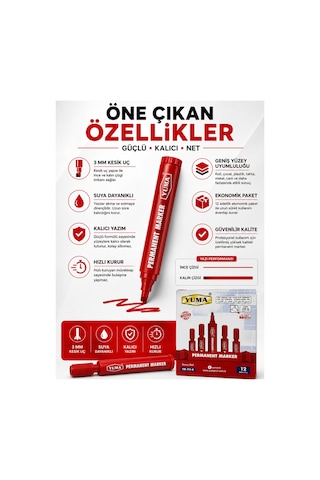 Mavi Permanent Marker Koli Kalemi 12 Li Paket 3 Mm Kesik Uç Kırmızı