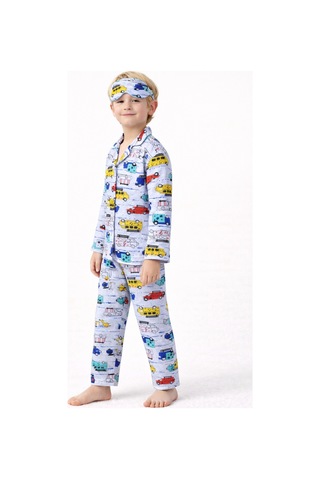 Free Beka Erkek Çocuk Önden Düğmeli Desenli Pijama Takımı %100 Pamuklu Pijama Takımı Gri