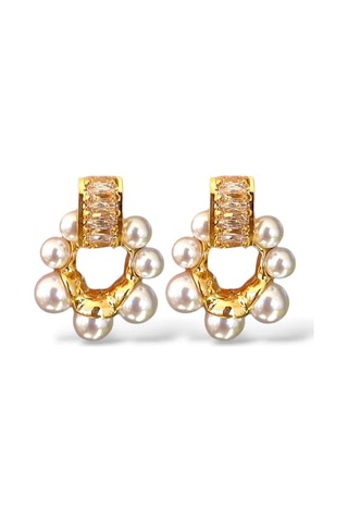 Glowy Aksesuar Çiçek Motif Taşlı İnci Çelik Küpe Gold