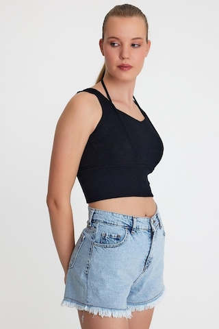 Polo State Kadın Ense Biye Detaylı Crop Siyah