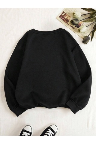 Pray Sweatshirt - Siyah Baskılı Oversize Bisiklet Yaka Siyah