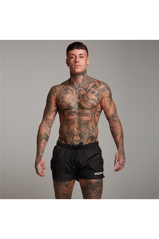 Siyah Muscleguys Erkek Baskı İnce Plaj Şort Nefes Alabilir Ve Ter Tutmaz Polyester Sweatshort Spor Salonu Fitness Şort Vücut Geliştirme Elastik Bel Siyah