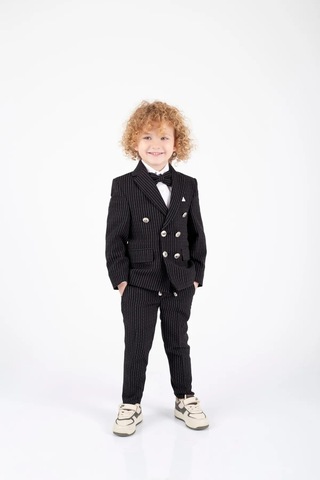 Erkek Çocuk Çizgili Ceket Gömlek Pantolon Papyonlu Takım Elbise Te.1001y Siyah