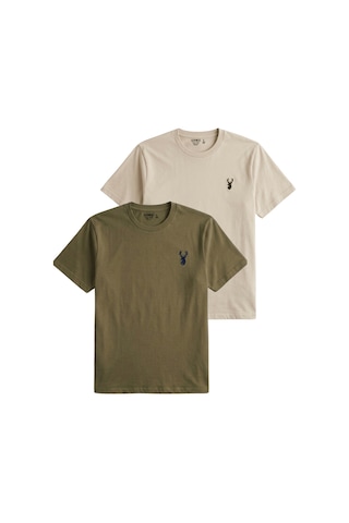 Genius Store Erkek Siyah Tişört %100 Pamuk Süprem Basic Tişört Bisiklet Yaka Nakışlı T-shirt Erkek-2li Haki-bej