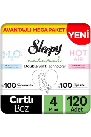Sleepy Natural Double Soft Avantajlı Mega Paket Bebek Bezi 4 Numara Maxi 120 Adet