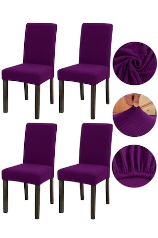 Bambu Nano Kumaş Likralı Lastikli Sandalye Kılıfı Yıkanabilir Esnek Sandalye Örtüsü 4 Lü Set Mürdüm