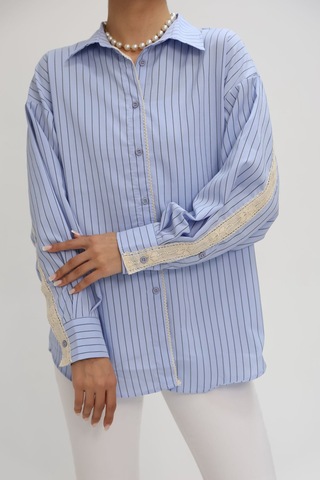 Kadın Dantel Şerit Detaylı Oversize Gömlek 1900-25 Siyah