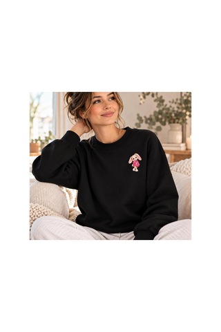 Gıovera Premium Kadın Oversize Sweatshirt Sevimli Tavşan Baskılı Beyaz Bisiklet Yaka siyah