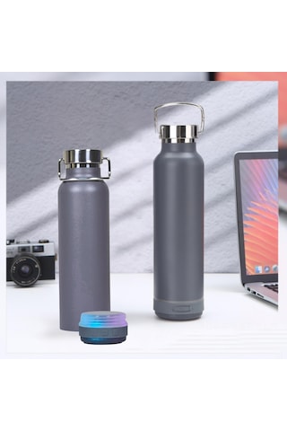 Bluetooth Hoparlörlü Paslanmaz Çelik Termos 600 Ml-çift Katmanlı Gri