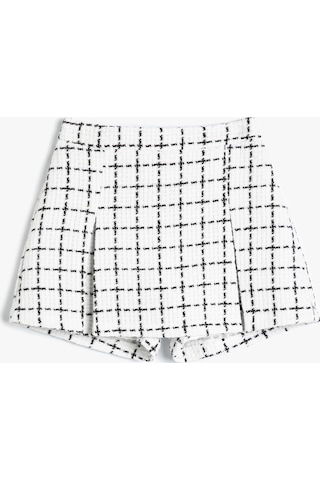 Koton Tüvit Şort Etek Ekoseli Beli Lastikli Ekru Çizgili 4skg40125aw Ekru