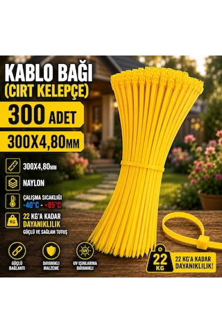 300x4,80mm Kablo Bağı Cırt Kelepçe Sarı 300 Adet
