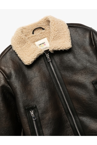 Koton İçi Peluş Astarlı Fermuarlı Uzun Kollu Biker Suni Deri Ceket Kahverengi 6wkg20014aw Kahve