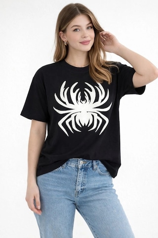 Wear Vexel Kadın Örümcek Baskılı Tişört Kısa Kollu Bisiklet Yaka T-shirt - Siyah Çok Renkli