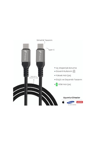 Priente PD60CC 60W Örgülü Type-c To Type-c Hızlı Data Şarj Kablosu 1.5 M