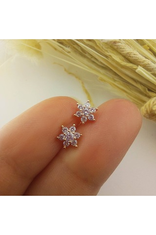 925 Ayar Gümüş Beyaz Taşlı Minimal Lotus Küpe Rose