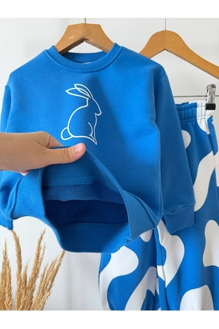Tavşan Baskılı Mavi Sweatshirt Desenli Eşofman Kız & Erkek Çocuk 3ip Alt Üst Takım
