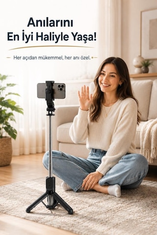 Tripod Çok Amaçlı Entegre Tripodlu Uzaktan Kumandalı Selfie Çubuğu Q21 Siyah