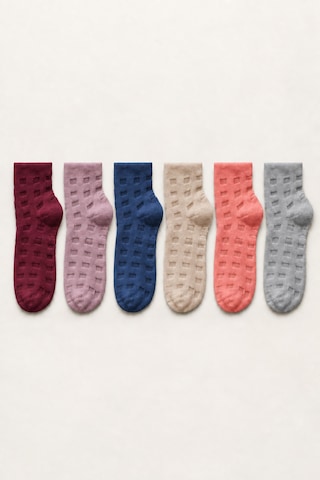 Socketta Kadın Yumuşak Dokulu Desenli Bambu Havlu Patik Çorap 6 Farklı Renkli Premium Set Bordo-lacivert-violet-bej-coral-gri