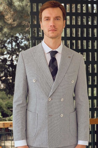 Morven Erkek Mavi Keten Trend Slim Fit Sivri Yaka Takım Elbise Mavi