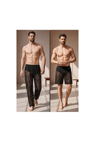 Qmen Style Erkek Kimono Takımı 3 Lü Dantel Set Bornoz + Pantolon + Şort Siyah
