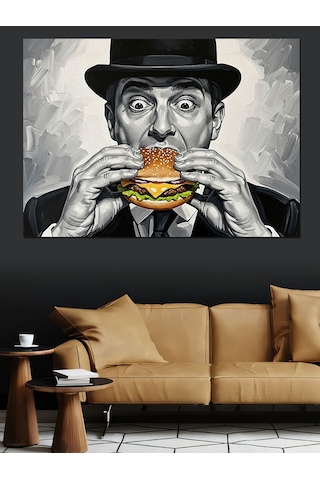 Ahşap Tablo Hamburger Yiyen Karizmatik Modern Adam