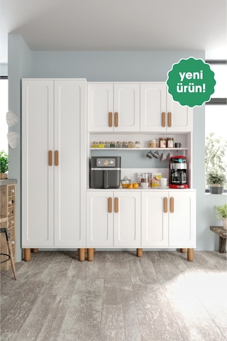 Flora Flr10190 Bohem Kahve Köşesi 10 Kapaklı Mdf Mebran Kapaklı Mutfak Dolabı Çok Amaçlı Dolap Beyaz
