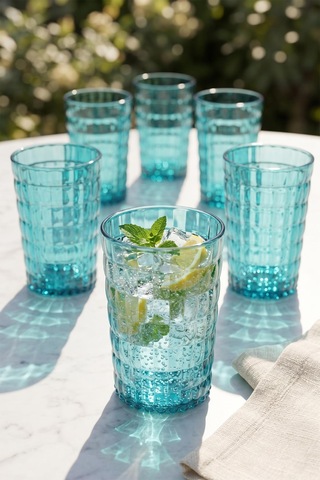 Akrilik Allegra Aquamarin 7 Parça Su Meşrubat Kahve Yanı Bardağı 400 Ml Ve Akrilik Allegra Aquamarin 1,5 Lt Sürahi Cam Değildir Turkuaz