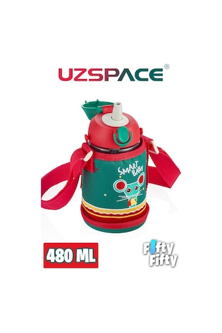 480 Ml Kılıflı 2 Ayrı Kapaklı Pipetli / Pipetsiz Tritan Çocuk Su Matarası Kırmızı-yeşil
