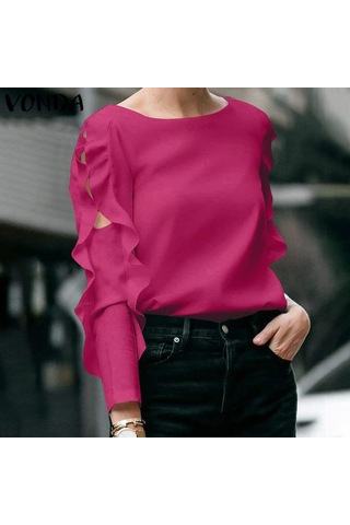 Vonda Kadın Yaz Modası Yuvarlak Yaka Puf Uzun Kollu Bluz Gül