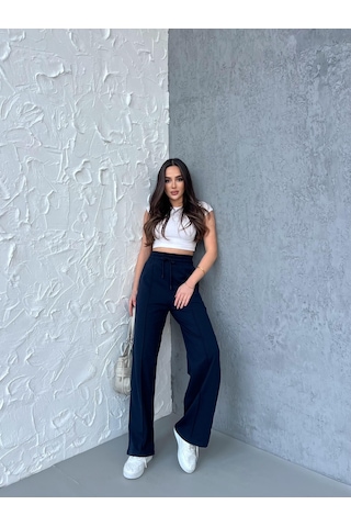 Siyah-antrasit Kadın Mevsimlik Salaş Geniş Paça Yüksek Bel 2'li Eşofman Altı Gri - Lacivert