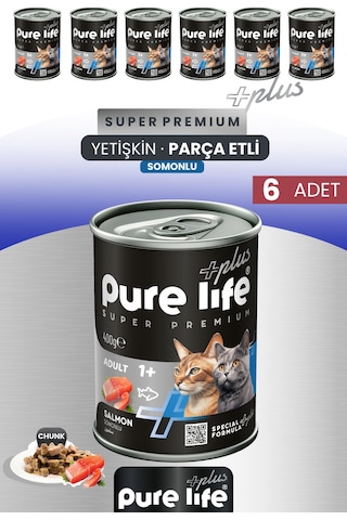 Purelife Plus 6'lı Somonlu Yetişkin Konserve Chunk Parça Etli Yaş Mama 400 G