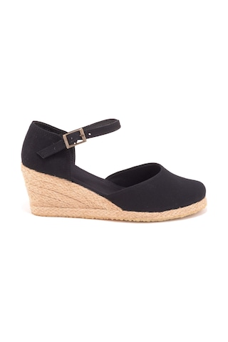 Star Tombis Gerçek Elişi Topuğu Kapalı Bilekten Bantlı Keten Espadril Dolgu Topuk Handmade Siyah