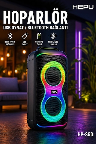 Hepu Hp-s60 6000w Işıklı Karaoke Hoparlörü - Kablosuz Mikrofon Setli Parti Hoparlörü