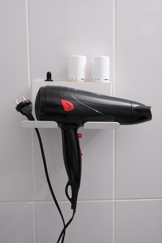 Beyaz Metal Yapışkanlı Saç Kurutma Askısı, Yapışkanlı Banyo Düzenleyici Organizer Fön Makinelik Siyah