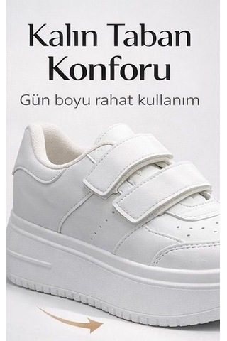 Papucumun Dünyası Aır Kalın Yüksek Taban Cırt Bantlı Kadın Sneaker Beyaz