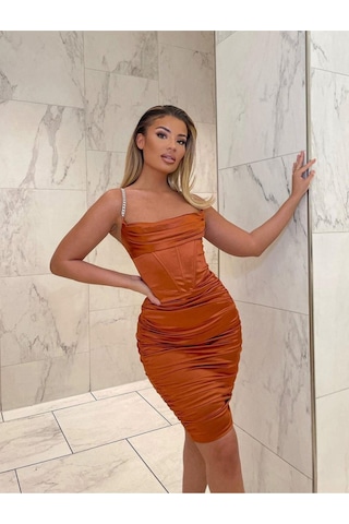 Fashion Cocktail Kalın Kumaşlı Parıltı Askılı Diz Hizası Dar Abiye Düğün Kokteyl Elbise Kiremit Kiremit