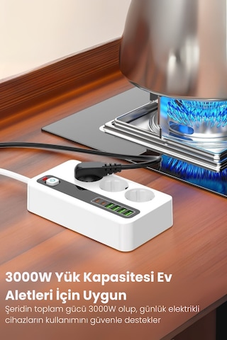Pro P10 3x Priz 3000w Akım Korumalı 4x Usb 2x Type-c Girişli Çoklu Priz 0.2 M