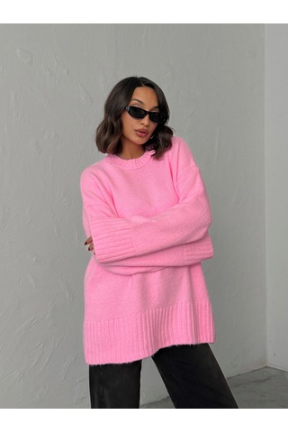 Kadın Yumuşak Dokulu Bisiklet Yaka Oversize Basic Triko Kazak Pembe
