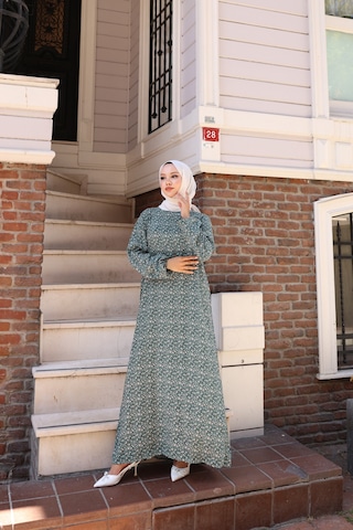 Çiçek Desenli Viskon Elbise - Yeşil / E0128 Yeşil