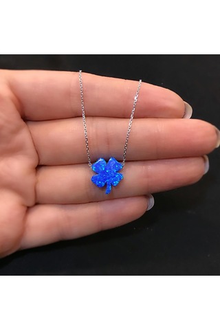 Stela Opal Yonca Gümüş Kolye Mavi